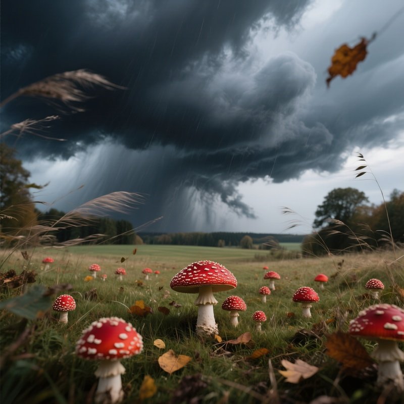 A Dramatic Stormy Sky Over A German Meadow Dotted With Red Fly Agaric Caps, Wind Whipping Leaves,