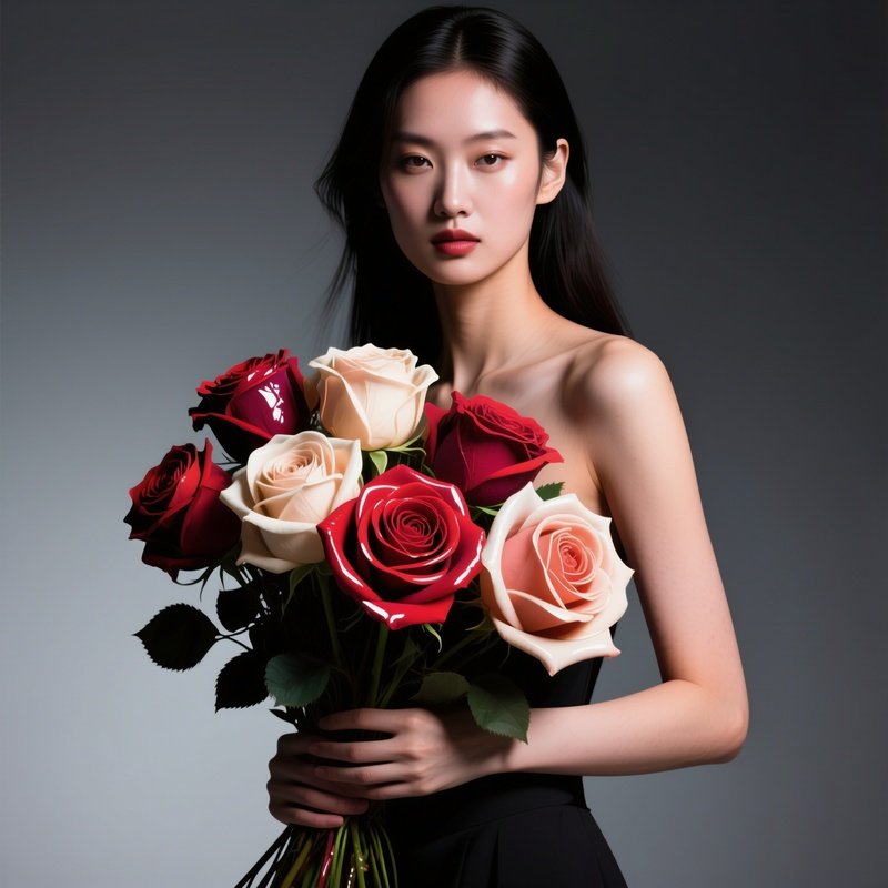 A Dramatic Studio Portrait Of A Model Holding A Bouquet Of Oversized Pop‑Art Roses, High Contrast