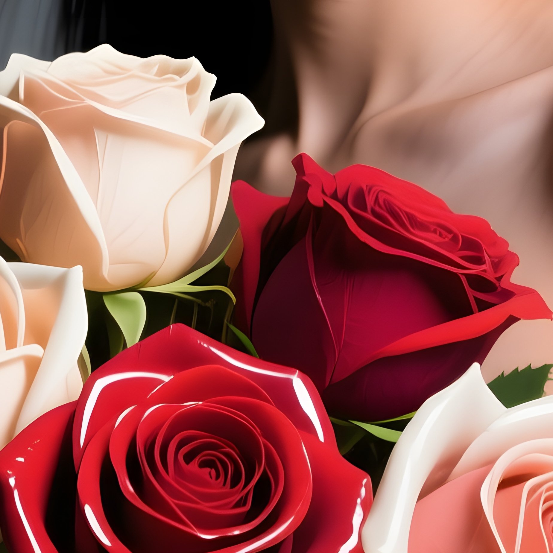 A Dramatic Studio Portrait Of A Model Holding A Bouquet Of Oversized Pop‑Art Roses, High Contrast - Full Resolution Quality Preview