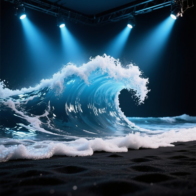 A Dramatic Studio Setup Featuring A Massive Sugar Wave Crashing Onto A Black Sand Floor,