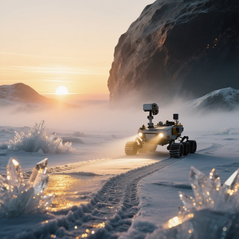 A Dramatic Sunrise On A Frozen Asteroid, Ice Crystals Glittering As They Reflect Golden Light,