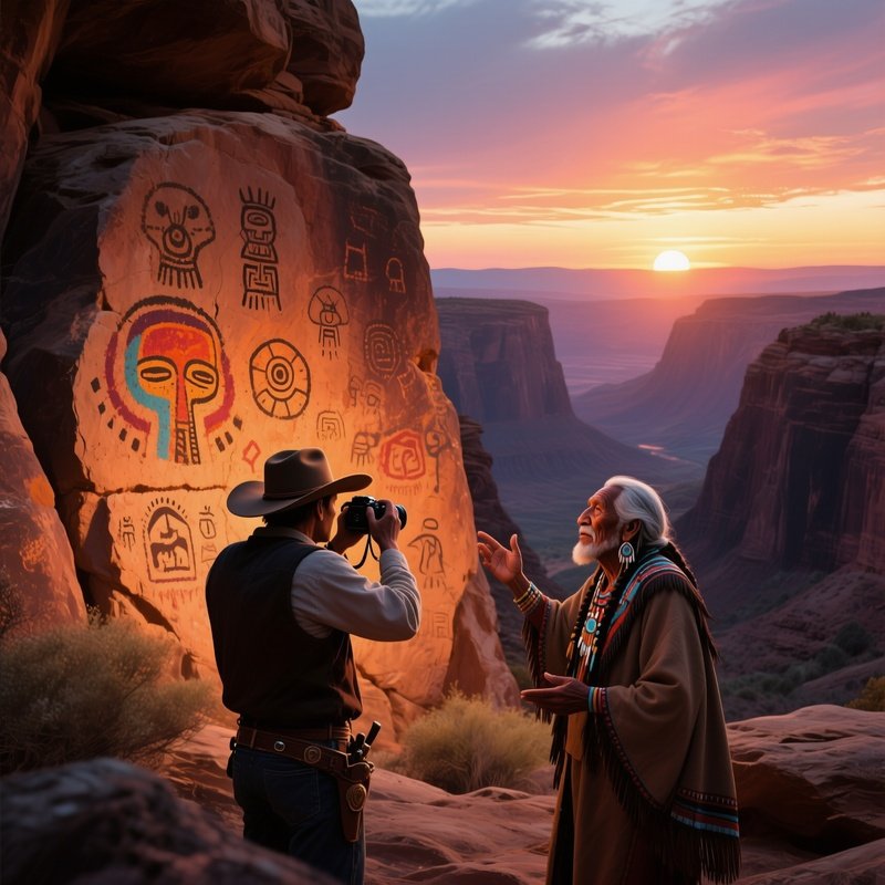 A Dramatic Sunrise Over A Canyon With Ancient Petroglyphs, Colors Exploding Across Stone Faces, A