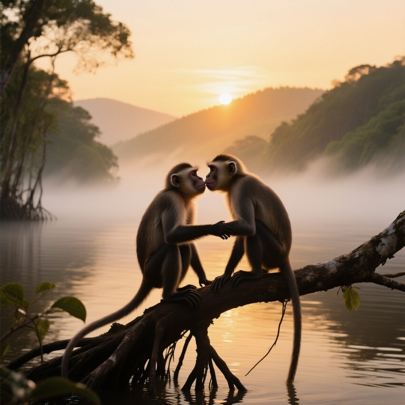 A Dramatic Sunrise Over A Misty River Delta, Two Capuchin Monkeys Perch On A Mangrove Root And
