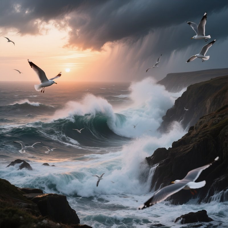 A Dramatic Sunrise Over A Storm‑Tossed Sea, Towering Waves Crashing Against A Rugged Coastline,