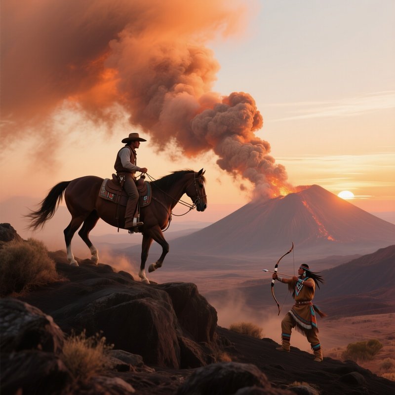 A Dramatic Sunrise Over A Volcanic Landscape, Ash Clouds Tinted Orange, A Cowboy On A Sturdy Horse