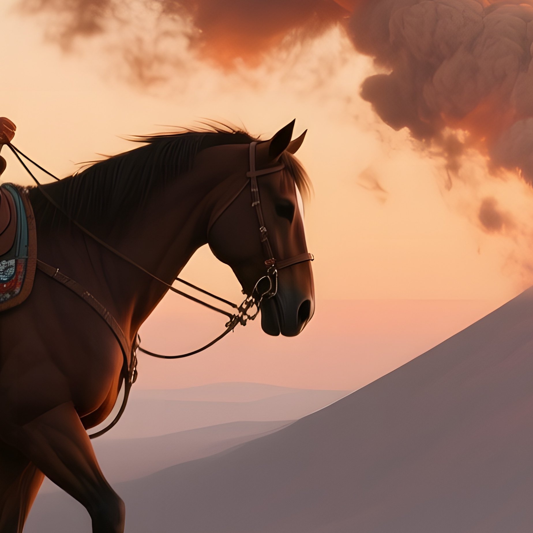A Dramatic Sunrise Over A Volcanic Landscape, Ash Clouds Tinted Orange, A Cowboy On A Sturdy Horse - Full Resolution Quality Preview