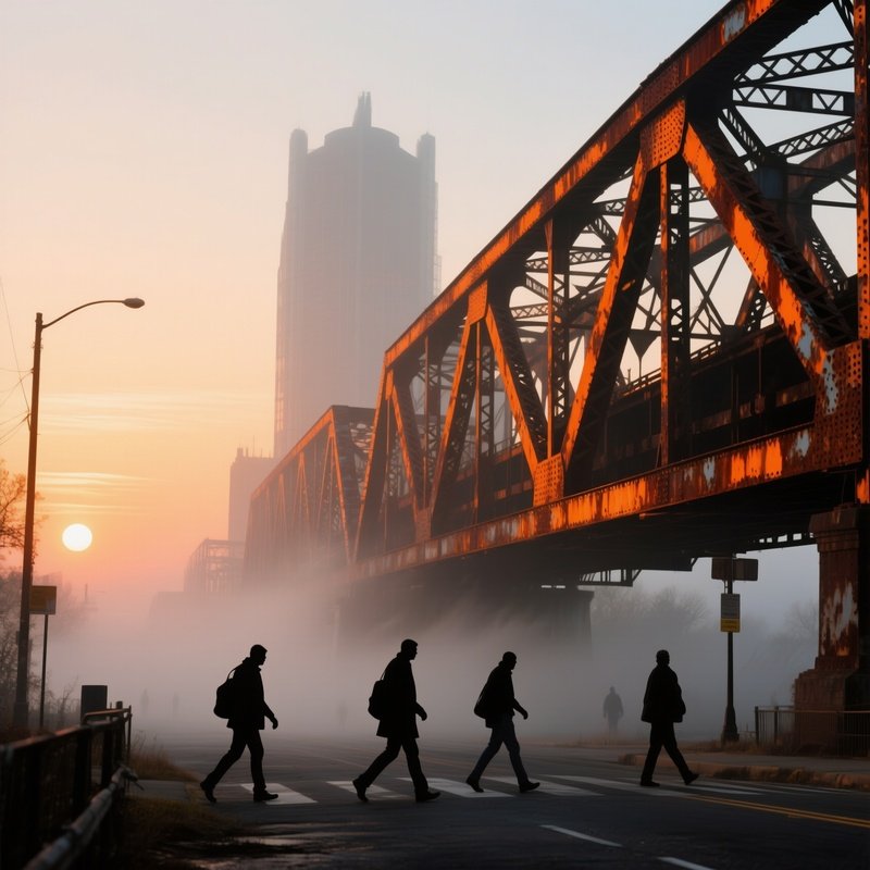 A Dramatic Sunrise Over An Abandoned Steel Bridge In Detroit, Rusted Girders Glowing Orange, Fog