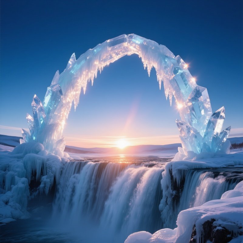 A Dramatic Sunrise Over An Icy Waterfall Frozen Mid Fall, Sunlight Turning The Ice Into Glowing