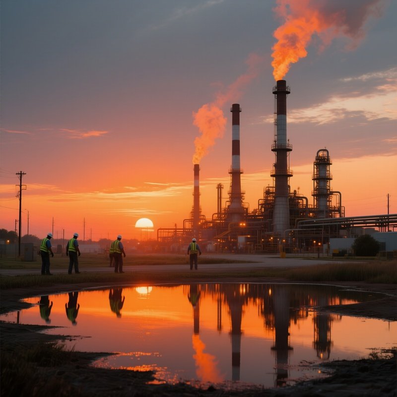 A Dramatic Sunrise Over An Industrial Oil Refinery In Texas, Towering Smokestacks Glowing Orange,