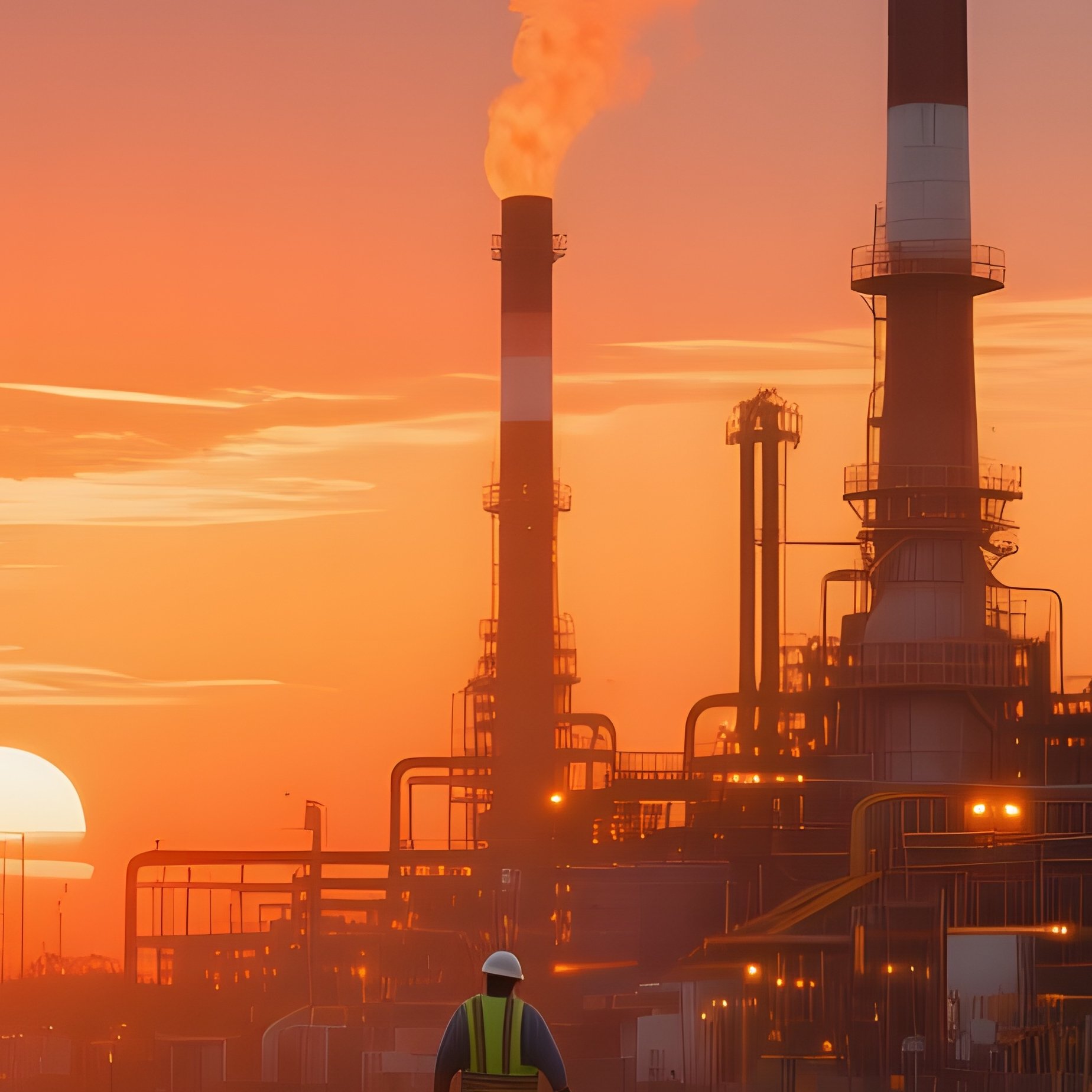A Dramatic Sunrise Over An Industrial Oil Refinery In Texas, Towering Smokestacks Glowing Orange, - Full Resolution Quality Preview