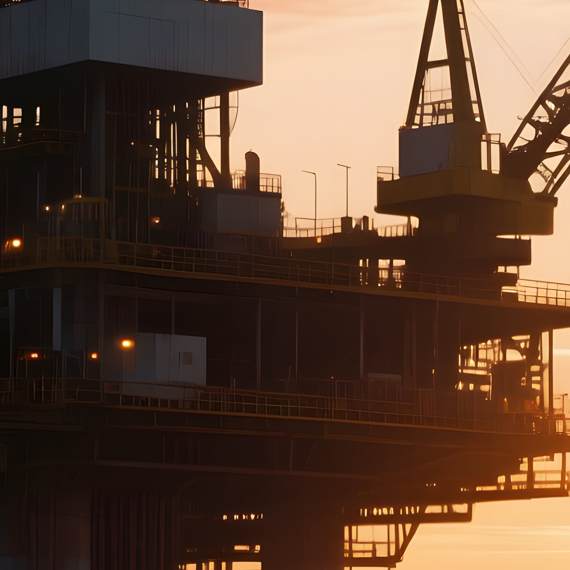 A Dramatic Sunrise Over An Offshore Oil Rig, Massive Steel Structure Silhouetted Against Glowing - Full Resolution Quality Preview