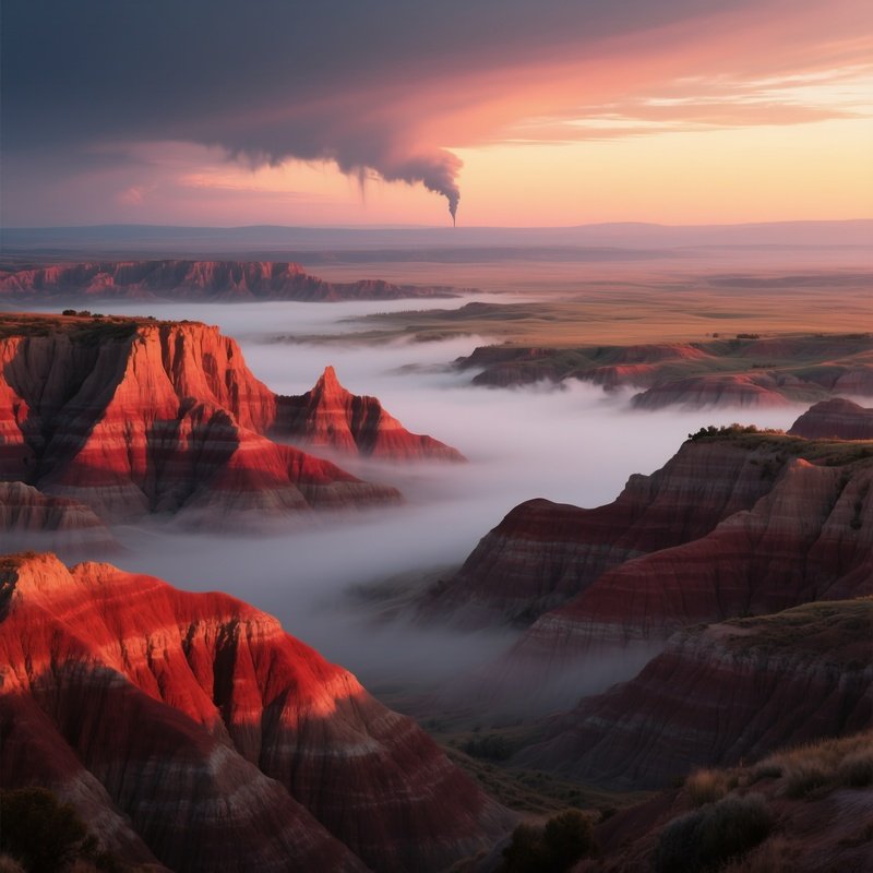 A Dramatic Sunrise Over The Badlands, Layered Red Rock Formations Glowing, Mist Rising From