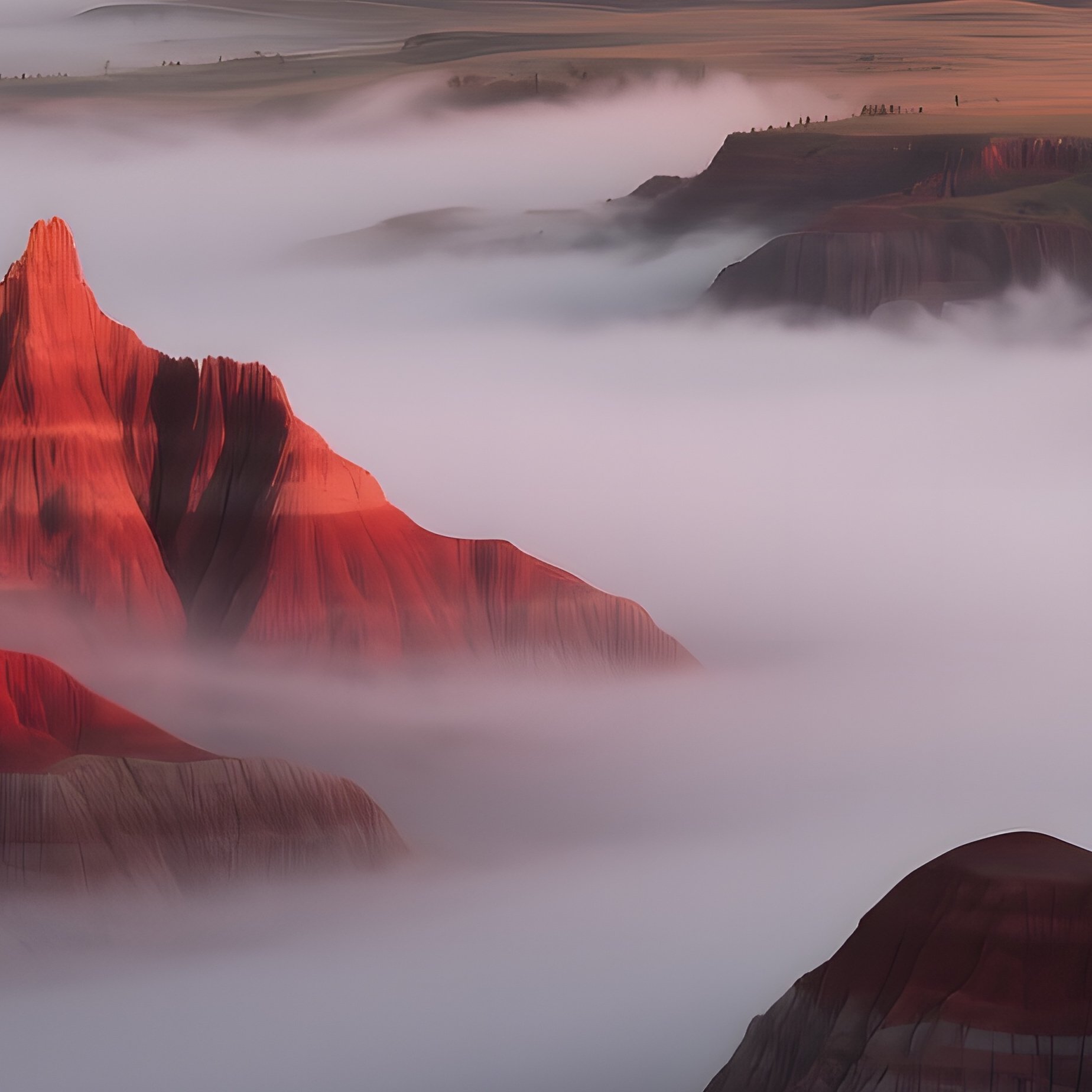 A Dramatic Sunrise Over The Badlands, Layered Red Rock Formations Glowing, Mist Rising From - Full Resolution Quality Preview
