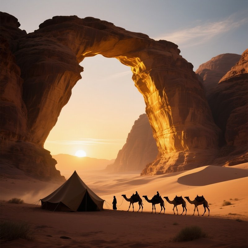 A Dramatic Sunrise Over The Dunes Of Wadi Rum, Towering Sandstone Arches Glowing Gold, Lone Bedouin