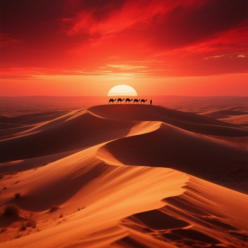 A Dramatic Sunrise Over The Sahara Dunes As Seen From A High Dune Crest, Waves Of Sand Glowing