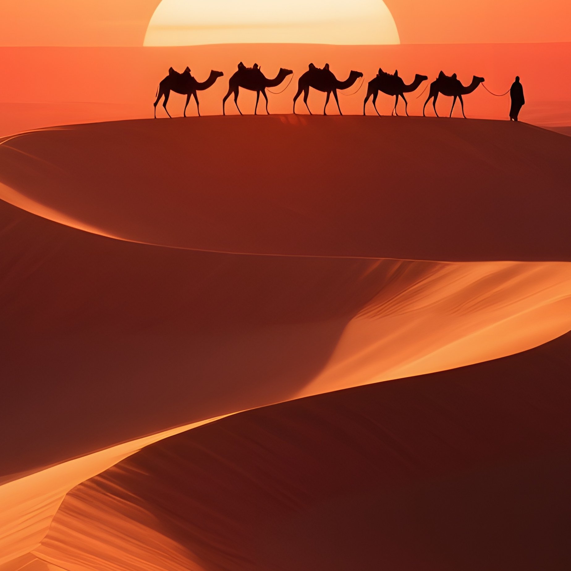 A Dramatic Sunrise Over The Sahara Dunes As Seen From A High Dune Crest, Waves Of Sand Glowing - Full Resolution Quality Preview