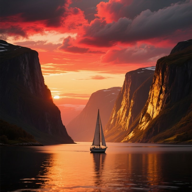A Dramatic Sunset Over A Jagged Fjord, Steep Cliffs Painted Gold, A Solitary Sailboat Gliding