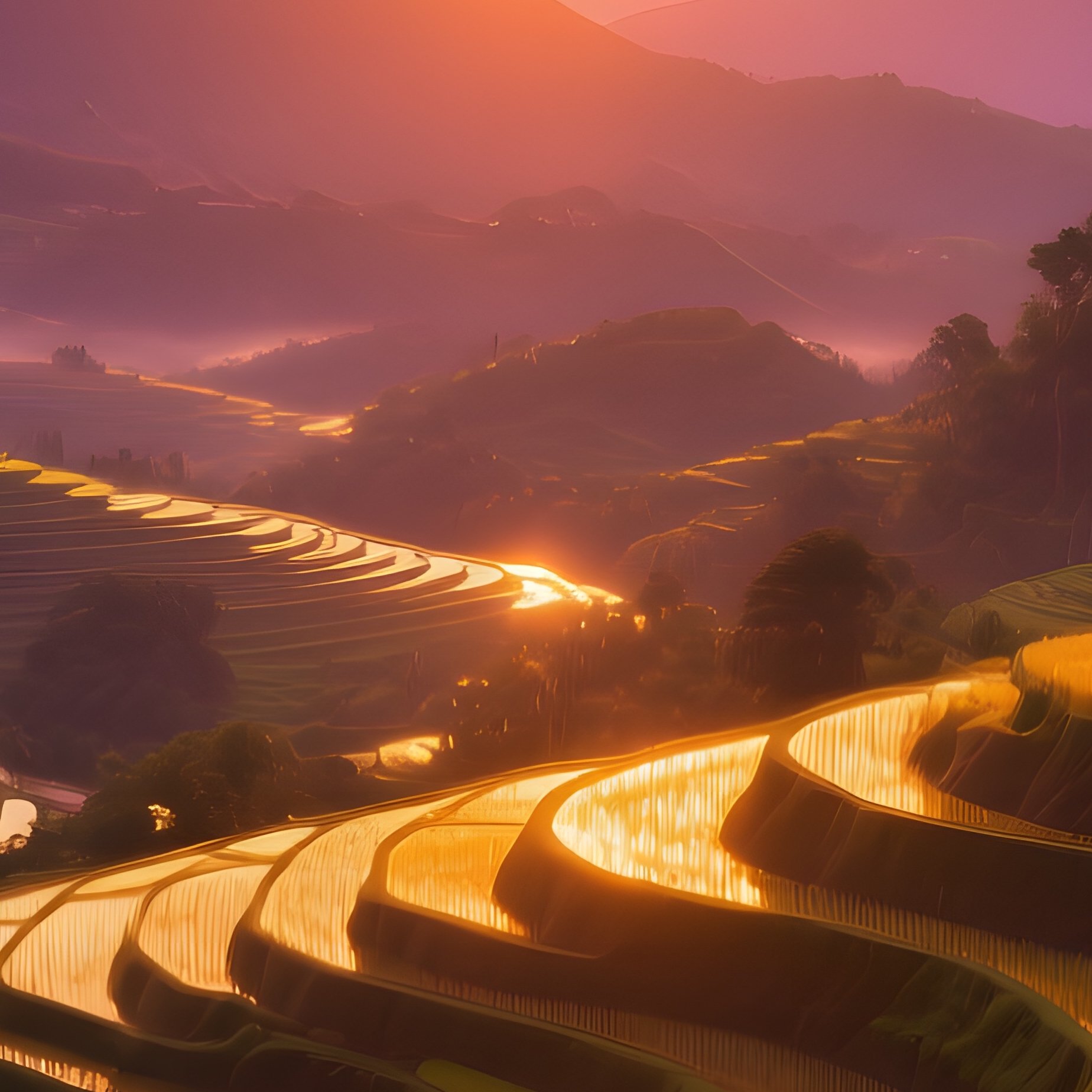 A Dramatic Sunset Over A Philippine Rice Terrace, Terraces Glowing Amber, Clouds Painted In Hues Of - Full Resolution Quality Preview