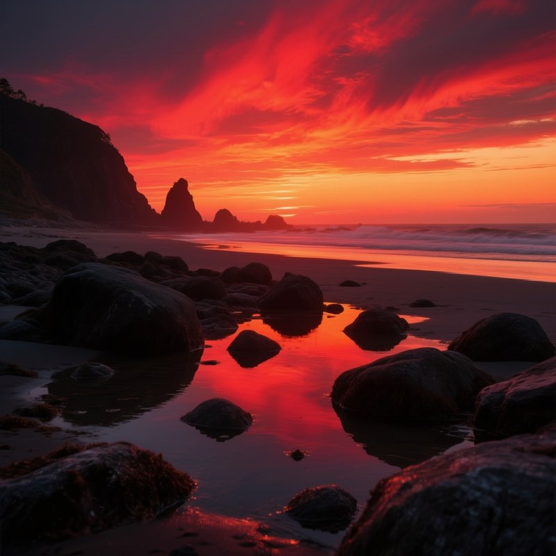 A Dramatic Sunset Over A Rocky Beach, With Fiery Red And Orange Skies Reflecting In The Pools Of