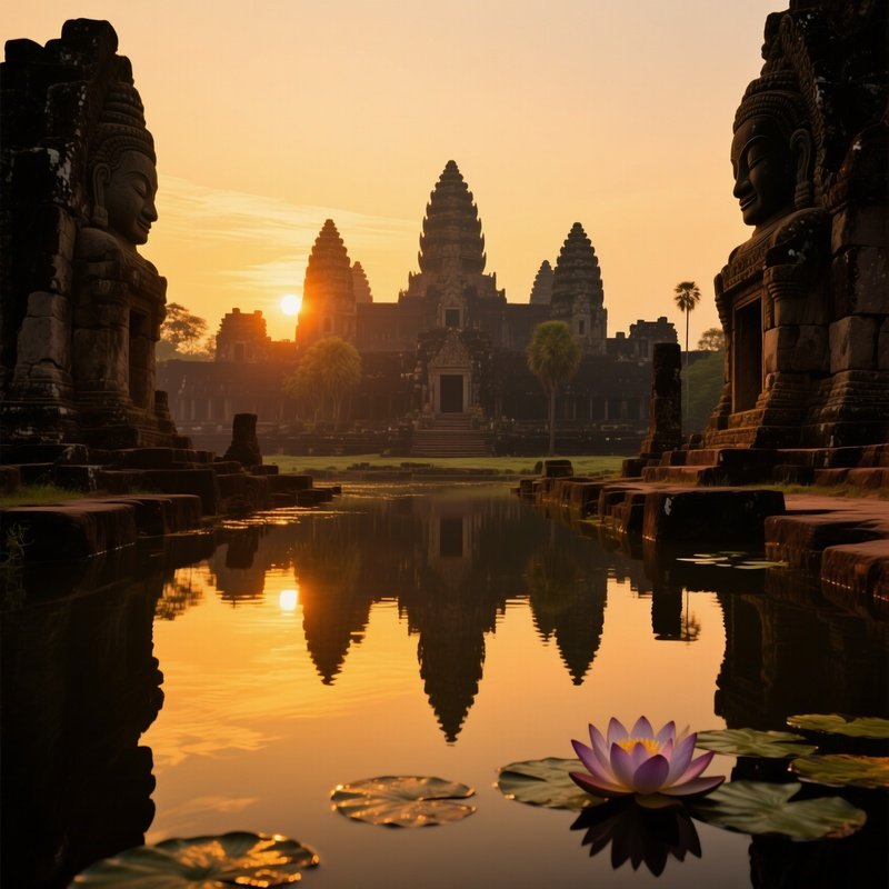 A Dramatic Sunset Over The Ancient Ruins Of Angkor Wat Reflected In A Still Moat, Golden Hues