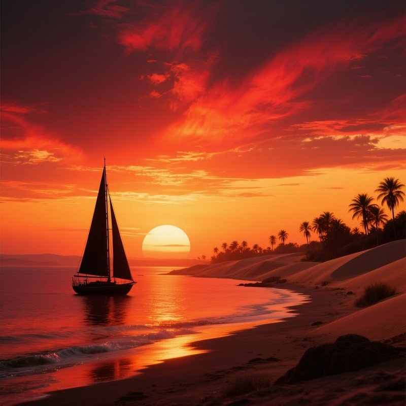 A Dramatic Sunset Over The Red Sea Coast Of Egypt, Sailboats Silhouetted Against Fiery Skies, Dunes