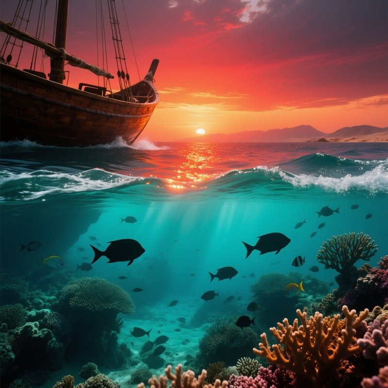 A Dramatic Sunset Over The Red Sea Coral Reefs Seen From A Dhow, Turquoise Water Catching