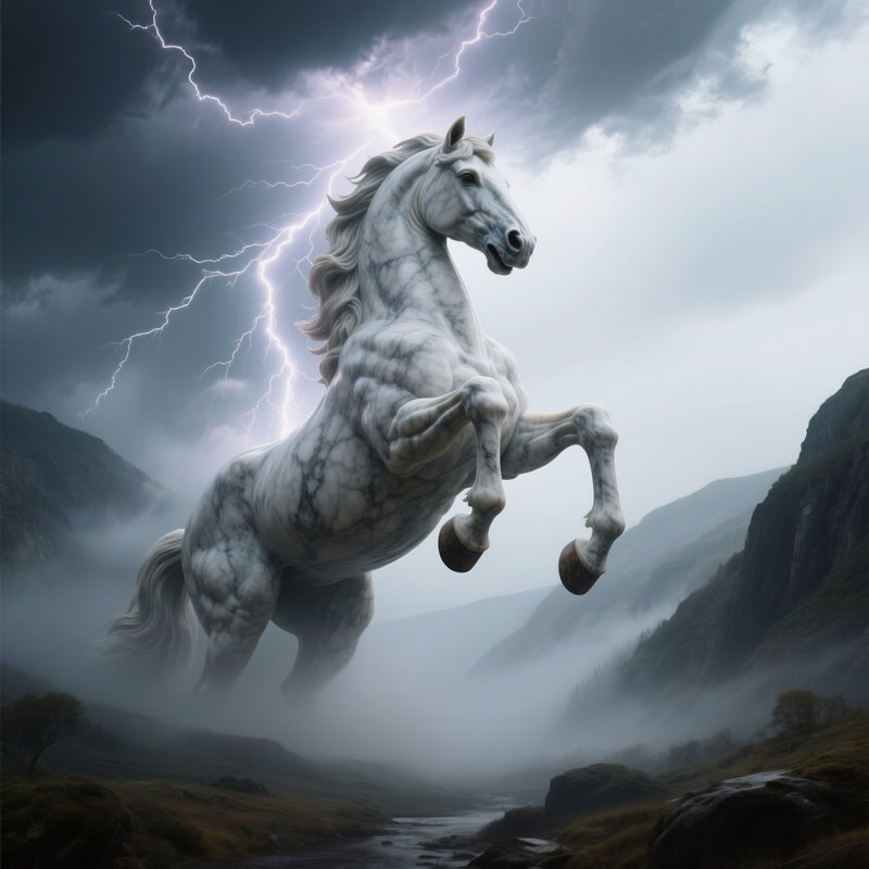 A Dramatic Thunderstorm Illuminating A Colossal Marble Warhorse Emerging From A Foggy Valley,