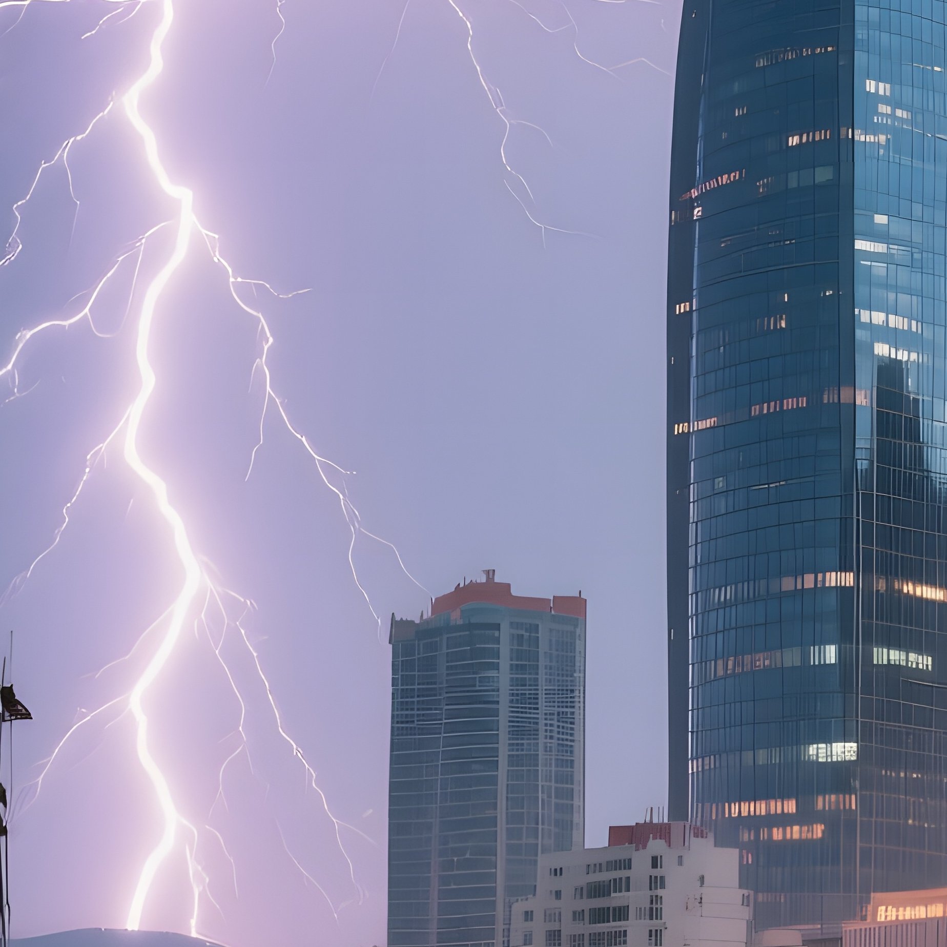 A Dramatic Thunderstorm Over A Chinese Coastal City, Lightning Illuminating Modern Glass Towers And - Full Resolution Quality Preview