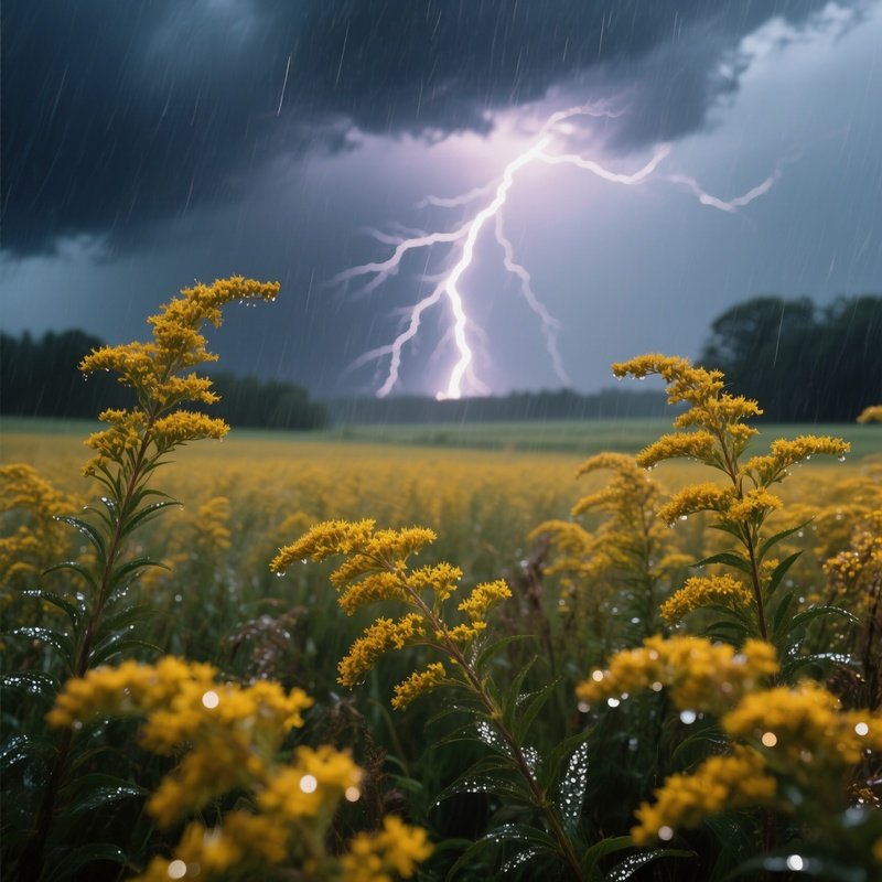 A Dramatic Thunderstorm Over A Field Of Tall Goldenrod, Lightning Striking In The Distance, Rain