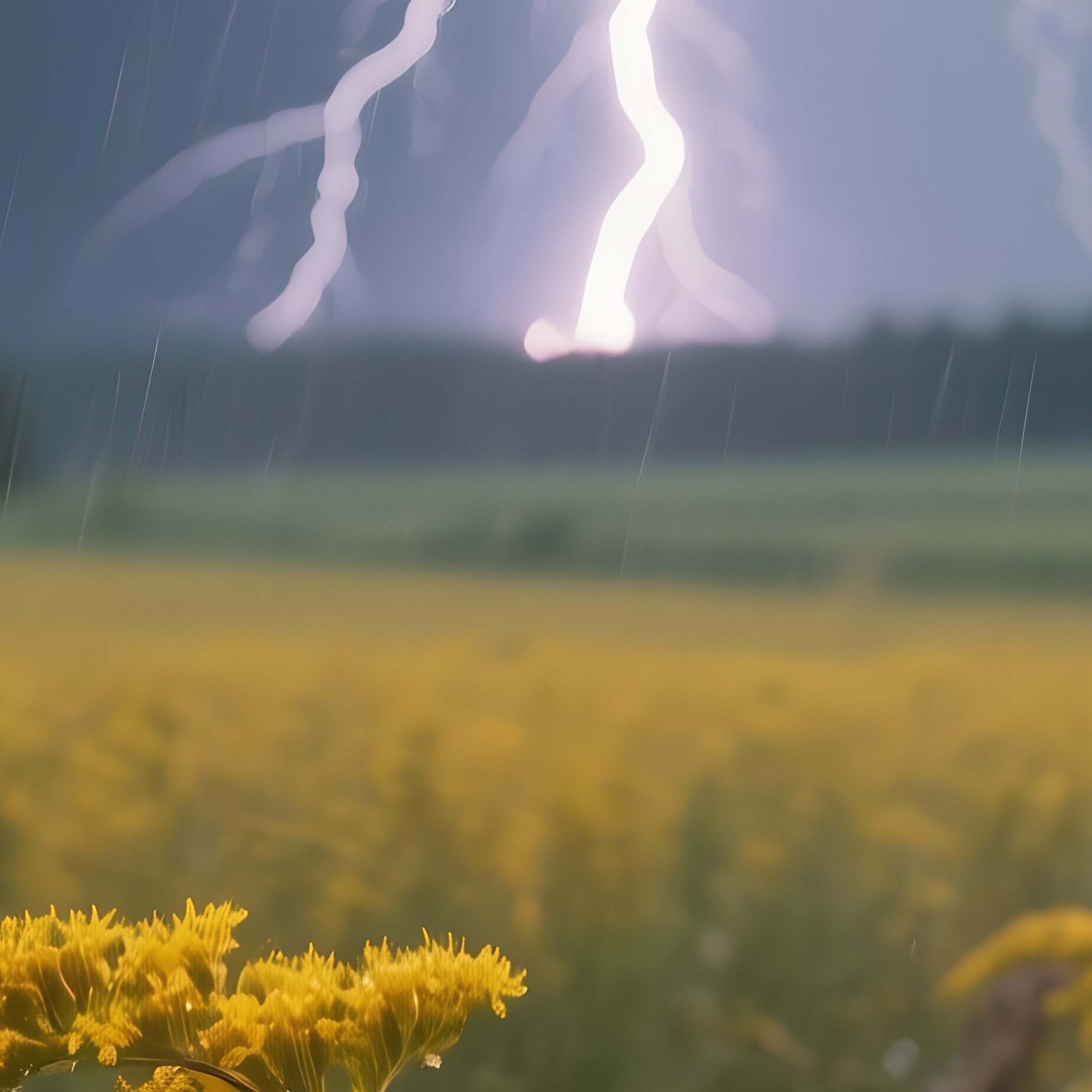 A Dramatic Thunderstorm Over A Field Of Tall Goldenrod, Lightning Striking In The Distance, Rain - Full Resolution Quality Preview