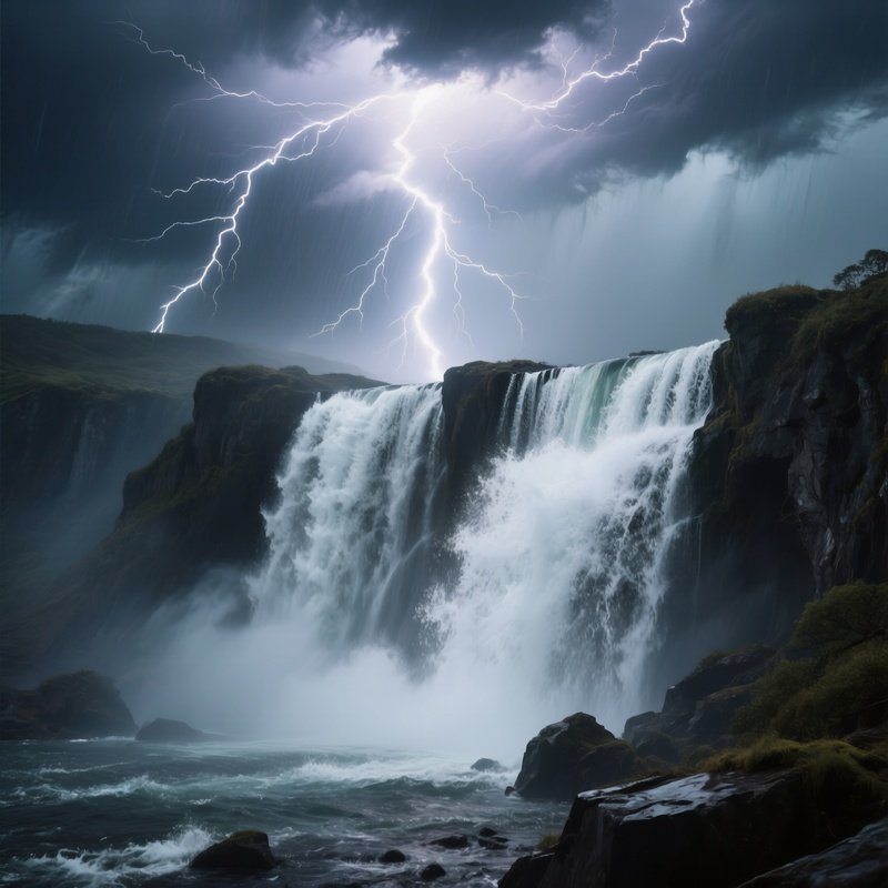 A Dramatic Thunderstorm Over A Rugged Waterfall, Lightning Striking The Falling Water, Spray