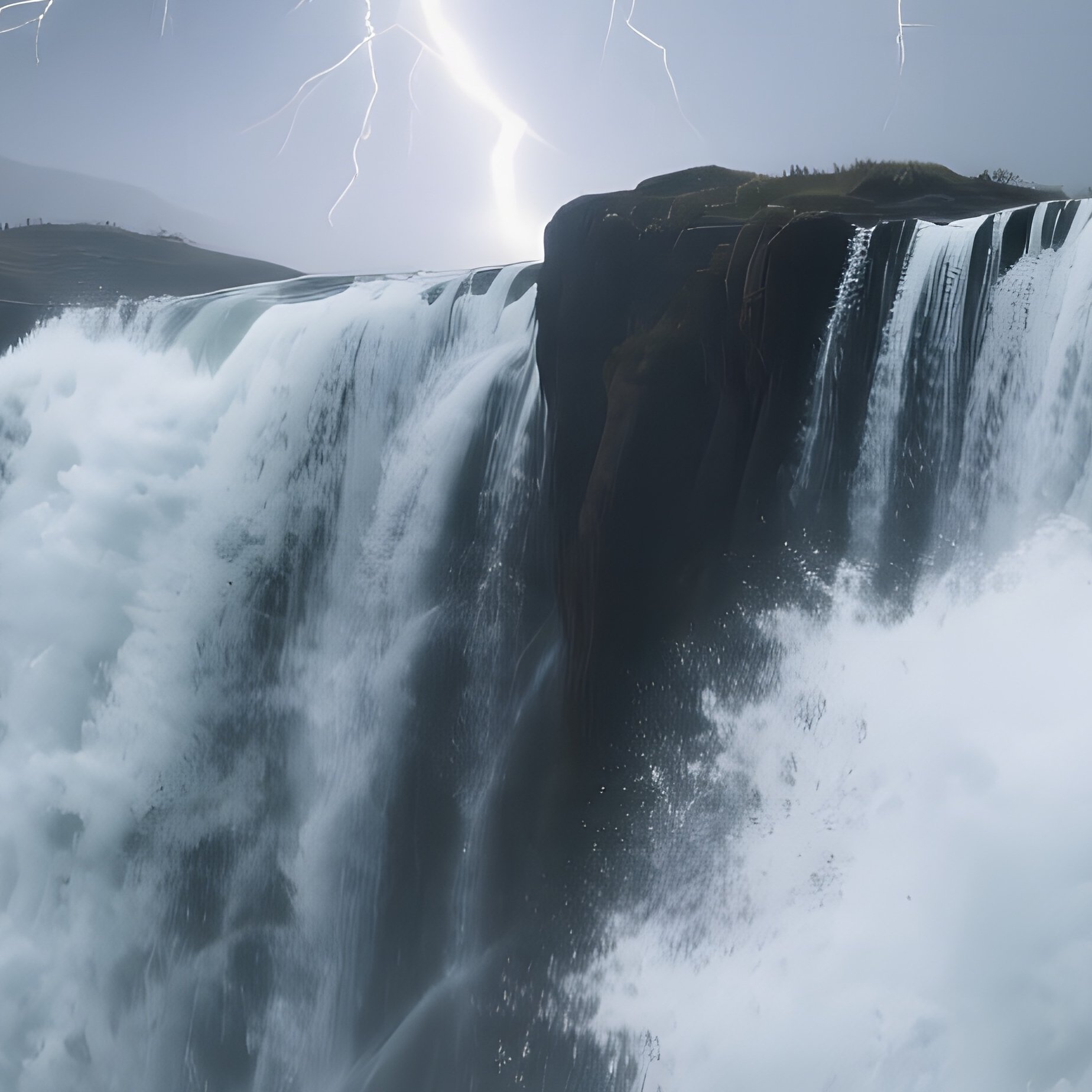 A Dramatic Thunderstorm Over A Rugged Waterfall, Lightning Striking The Falling Water, Spray - Full Resolution Quality Preview