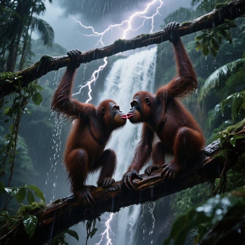 A Dramatic Thunderstorm Over A Tropical Waterfall, Two Orangutans Cling To A Massive Branch As Rain