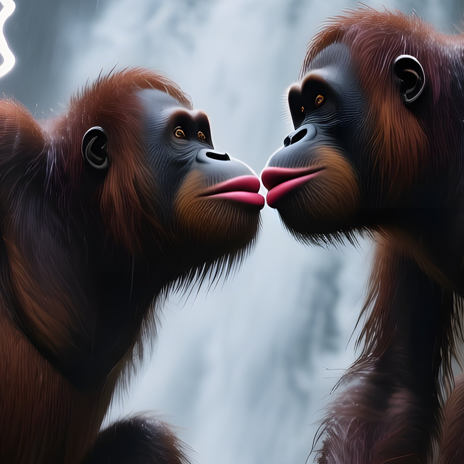 A Dramatic Thunderstorm Over A Tropical Waterfall, Two Orangutans Cling To A Massive Branch As Rain - Full Resolution Quality Preview