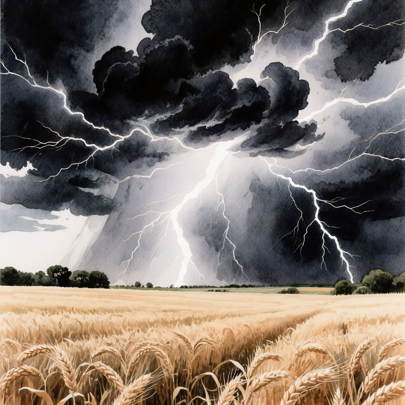 A Dramatic Thunderstorm Over A Wheat Field, Dark Clouds Swirling, Lightning Streaks, Watercolor