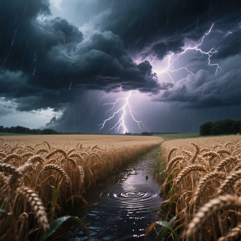 A Dramatic Thunderstorm Over A Wheat Field, Dark Rolling Clouds Illuminated By Occasional