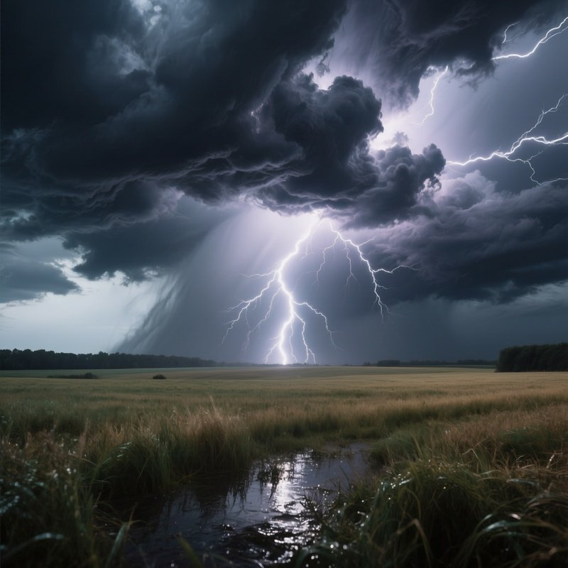 A Dramatic Thunderstorm Over An Open Field, Dark Clouds Swirling In Charcoal Clay, Lightning Forks
