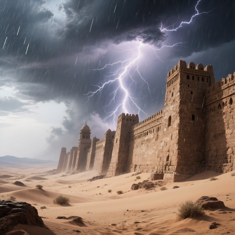 A Dramatic Thunderstorm Over The Desert Near An Ancient Fortress, Lightning Striking A Towering