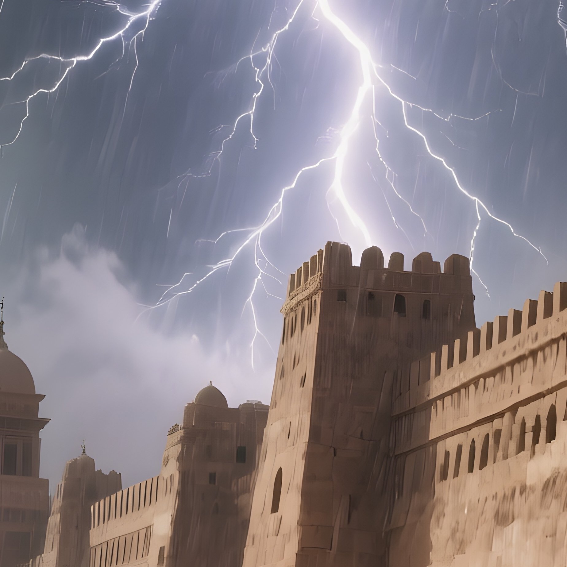A Dramatic Thunderstorm Over The Desert Near An Ancient Fortress, Lightning Striking A Towering - Full Resolution Quality Preview