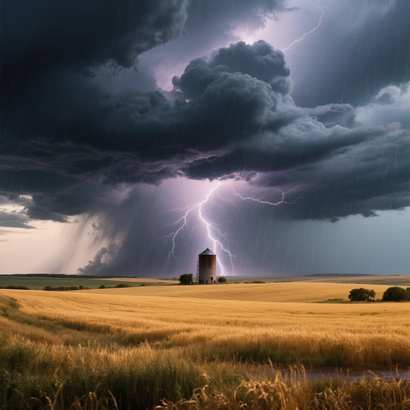 A Dramatic Thunderstorm Over The Great Plains, Dark Rolling Clouds, Lightning Striking A Distant