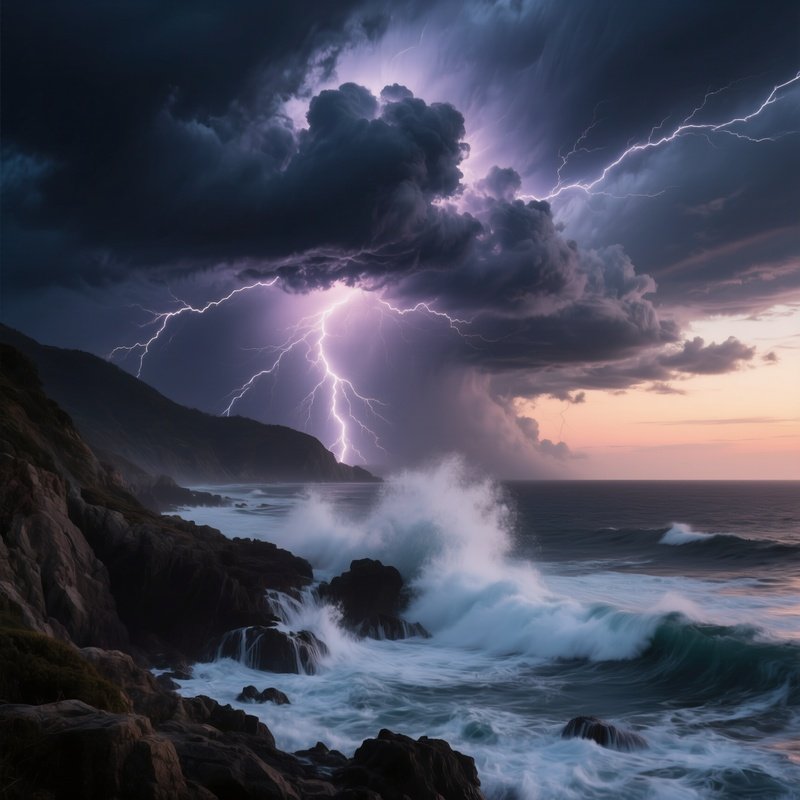 A Dramatic Thunderstorm Rolling Over A Rocky Coastline At Dusk, Dark Clouds Swirling, Lightning