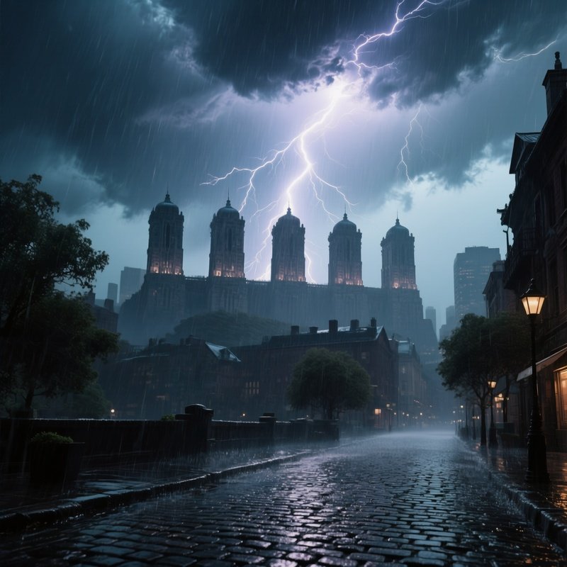 A Dramatic Thunderstorm Rolling Over The City, Lightning Briefly Illuminating The Tops Of The Seven