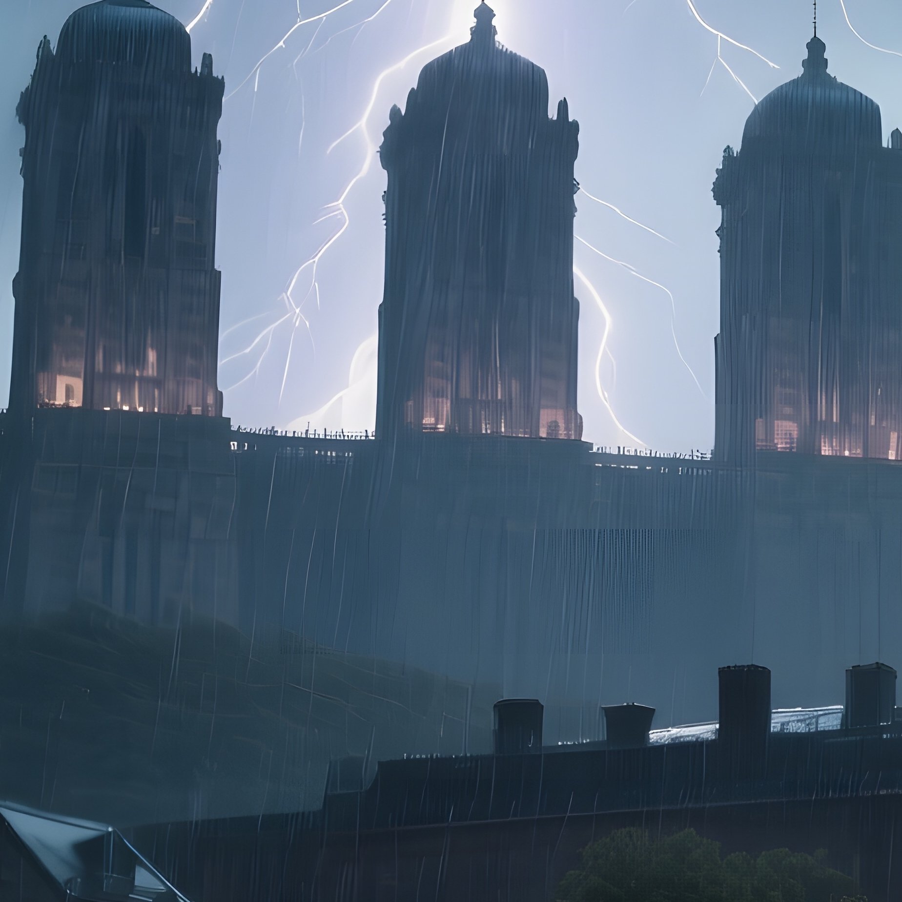 A Dramatic Thunderstorm Rolling Over The City, Lightning Briefly Illuminating The Tops Of The Seven - Full Resolution Quality Preview