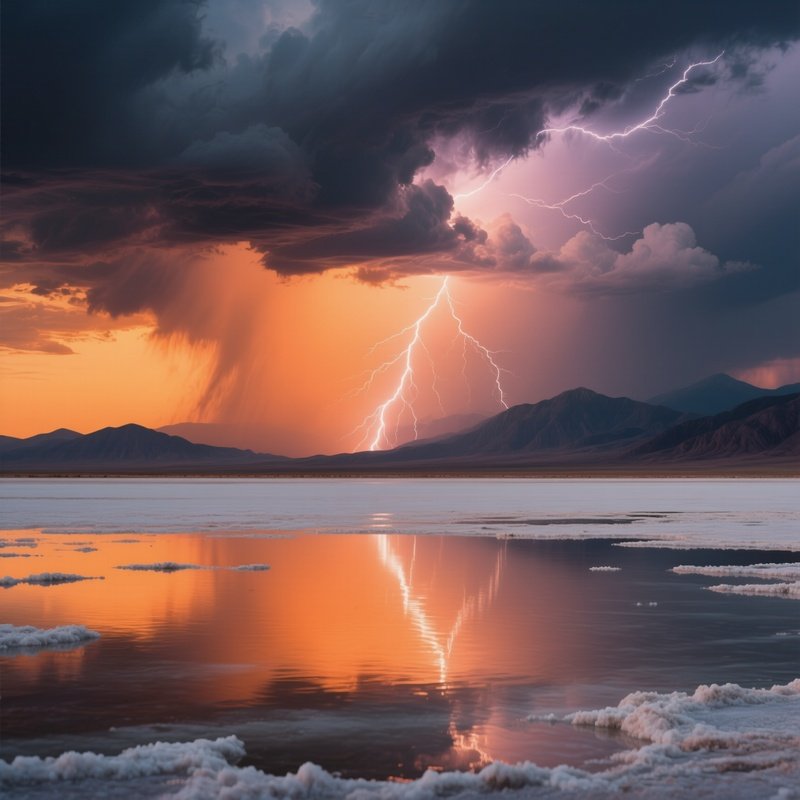 A Dramatic Thunderstorm Rolling Over The Great Salt Lake, Lightning Striking Water, Orange Sky