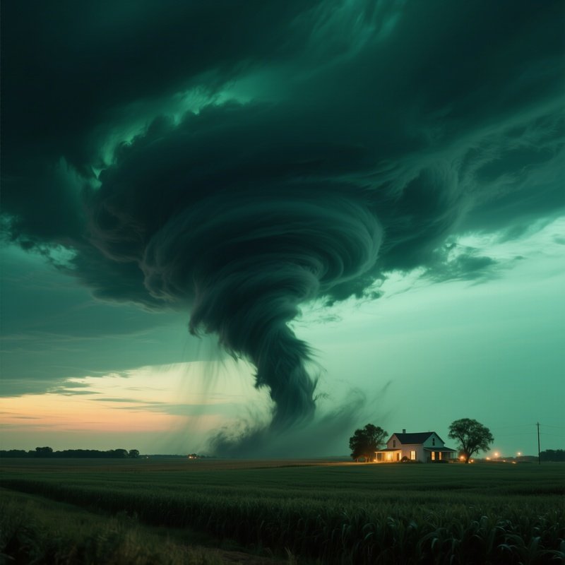 A Dramatic Tornado Forming Over Kansas Farmland At Dusk, Swirling Dark Clouds, Distant Farmhouse