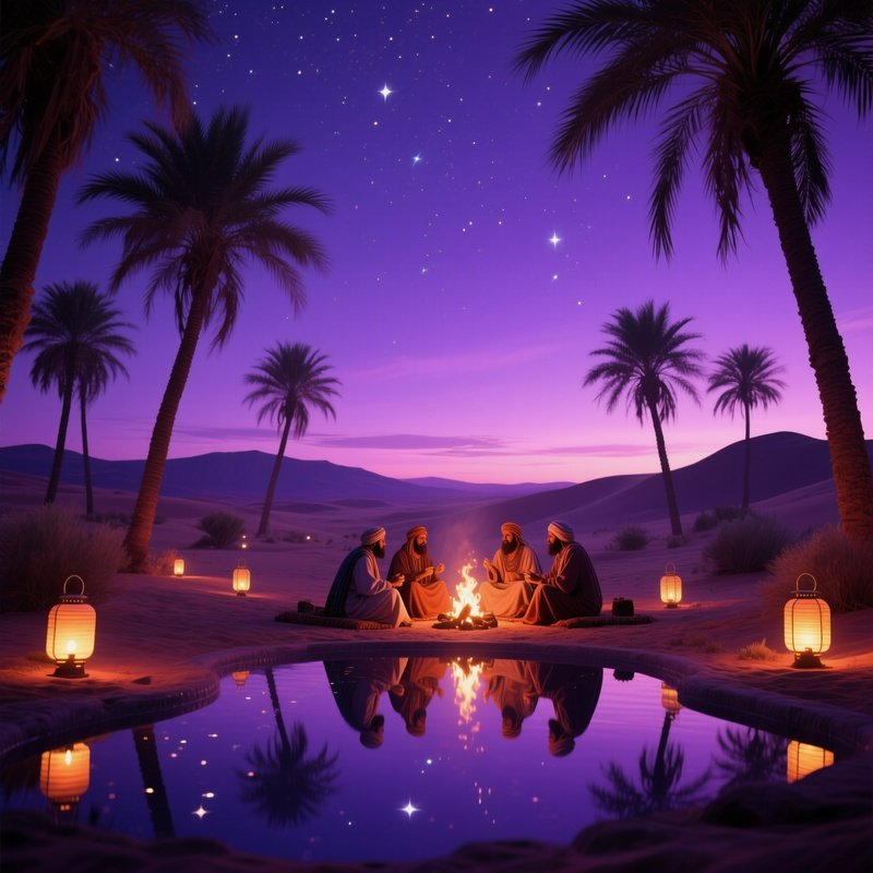A Dramatic Twilight View Of A Desert Oasis Lit By Lanterns, Palm Trees Swaying Against A Violet