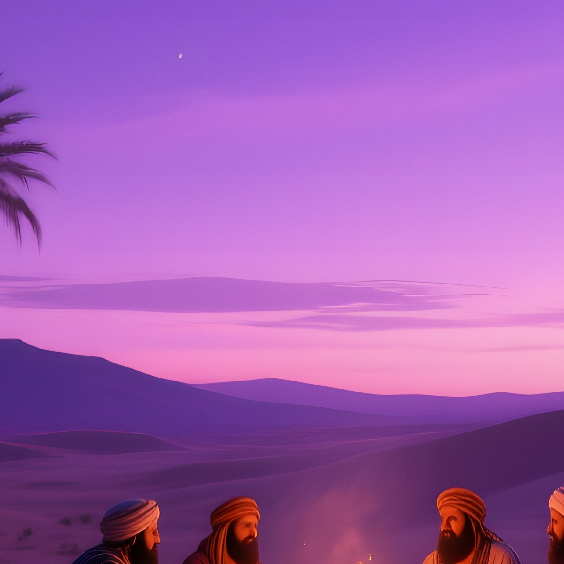 A Dramatic Twilight View Of A Desert Oasis Lit By Lanterns, Palm Trees Swaying Against A Violet - Full Resolution Quality Preview