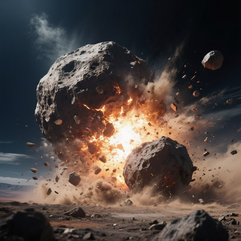 A Dramatic View Of A Massive Asteroid Colliding With A Smaller One, Creating A Shockwave Of Dust
