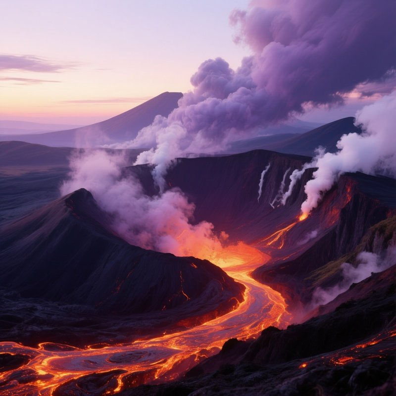 A Dramatic Volcanic Crater Rim At Dawn, Lava Flow Glowing Molten Orange, Clouds Swirling In Deep