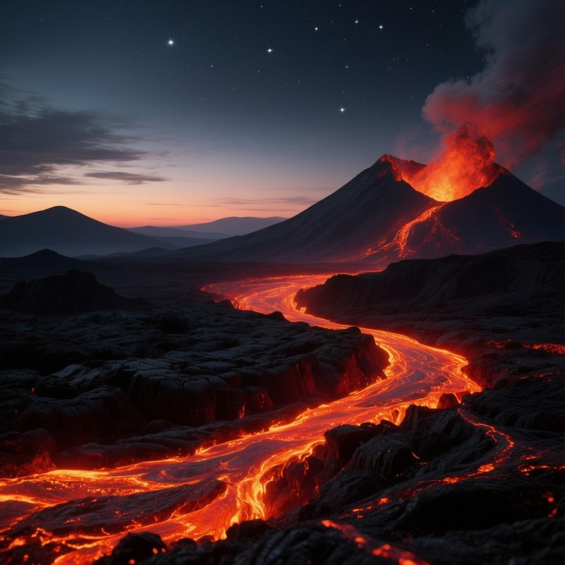 A Dramatic Volcanic Landscape At Twilight, Glowing Lava Flows Cutting Through Black Basalt Plains,